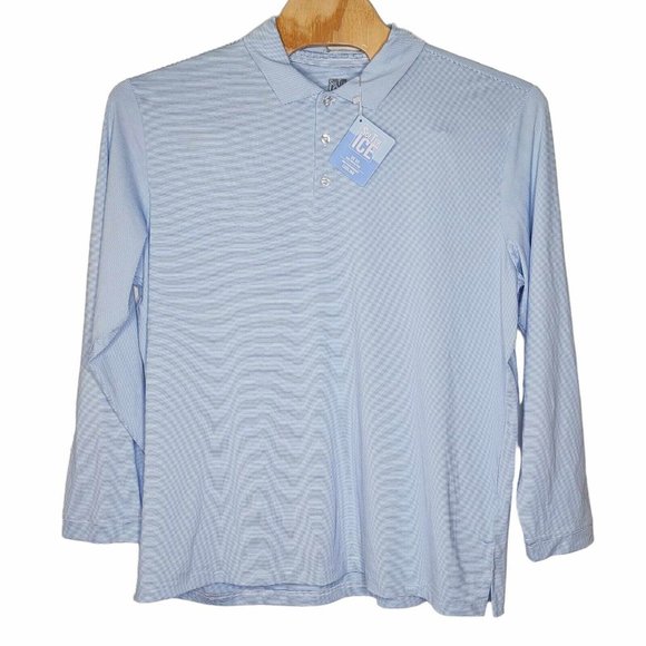 SanSoleil‎ NEW Sol Tek Ice 2XL Blue Striped Men's Long Sleeve Polo Shirt FLAW - Picture 1 of 6